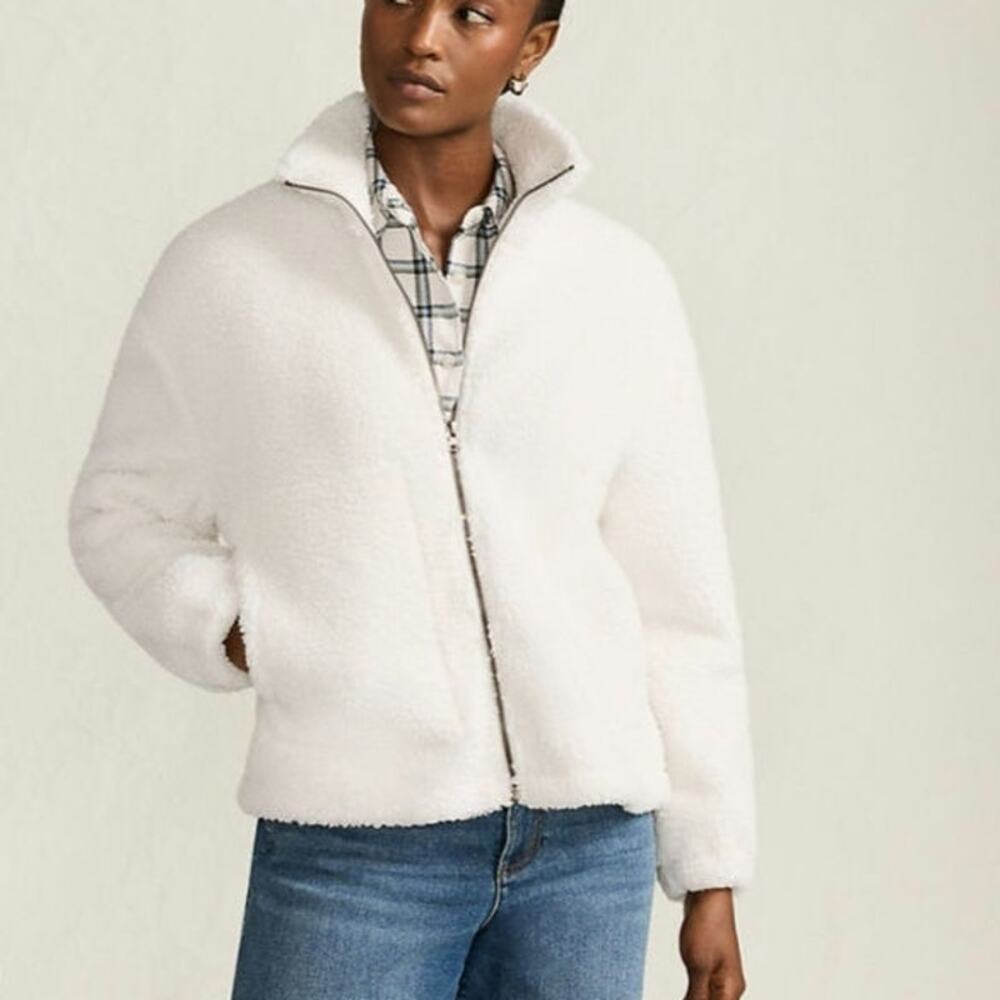 Lands’ End Womens Small‎ 6-8 Faux Shearling Fleece Full Zip Jacket Ivory Cozy
